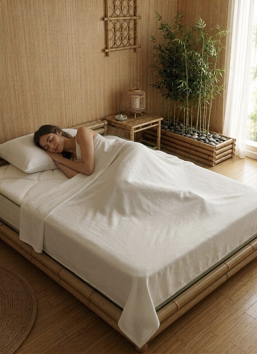 Mulher a descansar num colchão ortopédico Dreamline Bamboo com estrutura de cama em bambu e roupa de cama de luxo