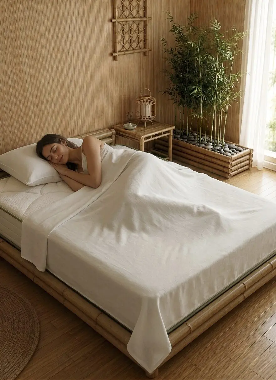 Mulher a descansar num colchão ortopédico Dreamline Bamboo com estrutura de cama em bambu e roupa de cama de luxo