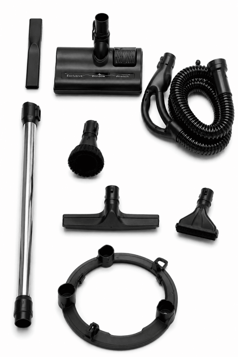 Conjunto de acessórios para sistema de limpeza e purificação, incluindo mangueira, tubos, escovas e diferentes bocais de limpeza.
