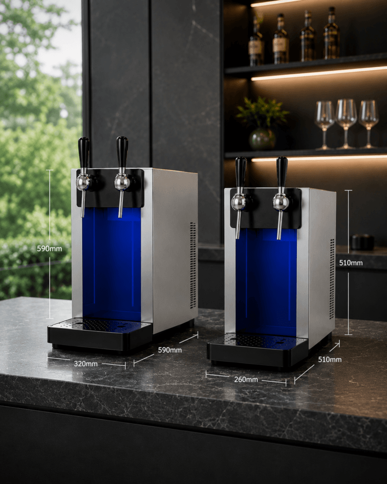 Dispensadores de água Black 40 e Black 80 em aço inoxidável, apresentados lado a lado com indicação das dimensões