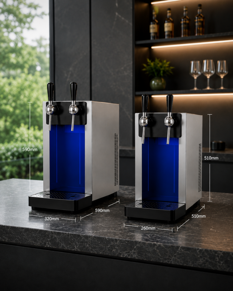 Dispensadores de água Black 40 e Black 80 em aço inoxidável, apresentados lado a lado com indicação das dimensões