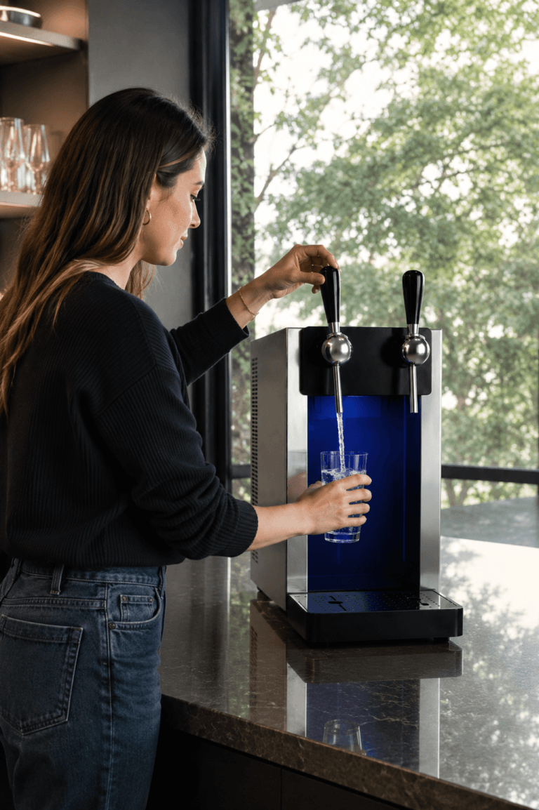 Dispensador de água Black 40 em aço inoxidável sendo utilizado por uma mulher para encher um copo
