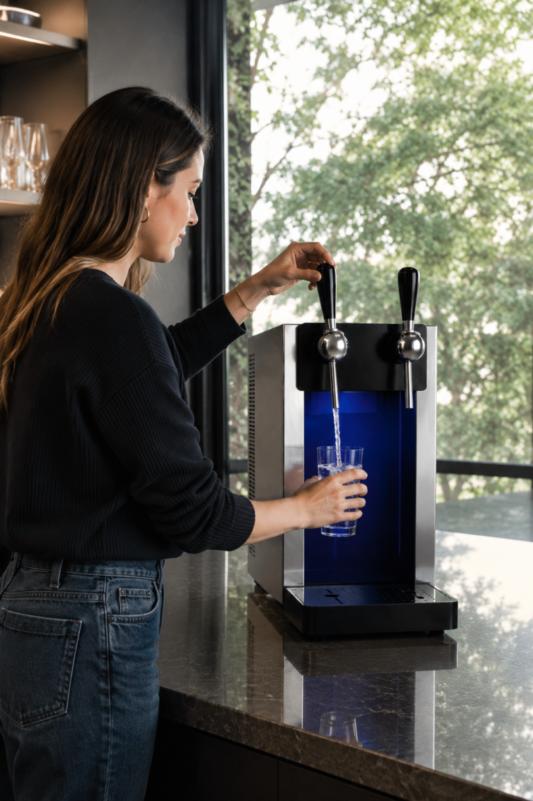 Dispensador de água Black 40 em aço inoxidável sendo utilizado por uma mulher para encher um copo