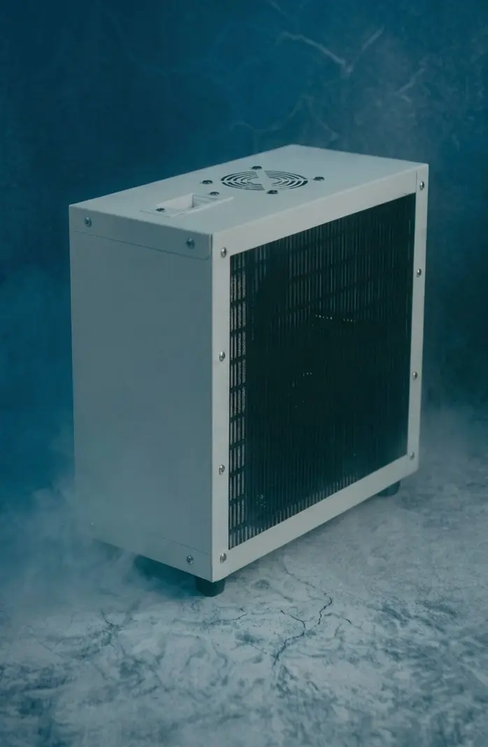 Unidade de refrigeração de água industrial branca "Ice Home" numa superfície texturizada escura com fumo.