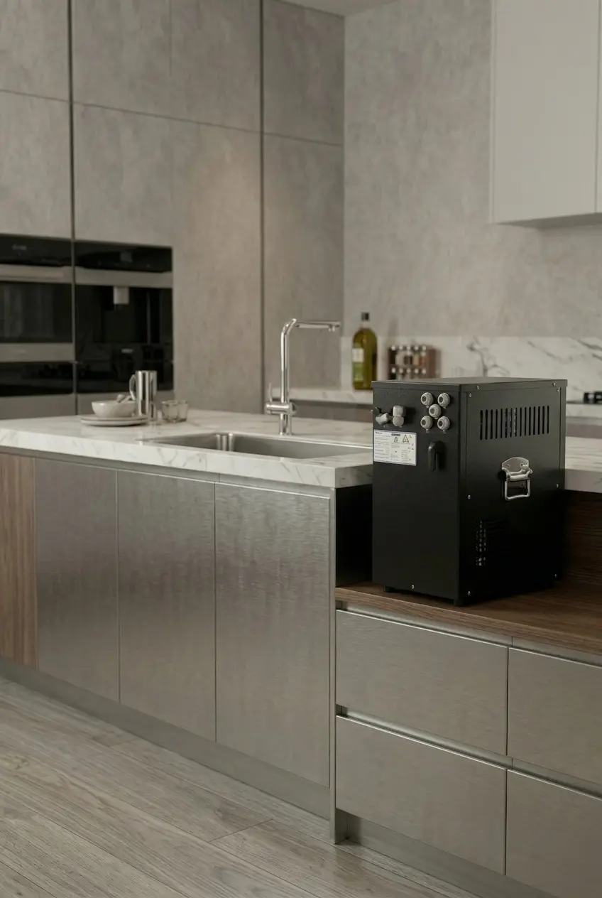 Um equipamento purificador e arrefecedor de água industrial preto, de formato retangular, pousado sobre uma bancada de cozinha moderna em madeira e aço inoxidável. A cozinha tem armários em cinza texturizado e inox, lava-loiça em inox com torneira alta e aparelhos embutidos ao fundo.