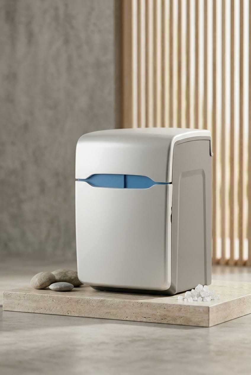 Fotografia em estúdio de um descalcificador de água Premier Plus Premier, cinzento e branco, com detalhe azul. O equipamento está em cima de uma base de mármore com pedras e sal.