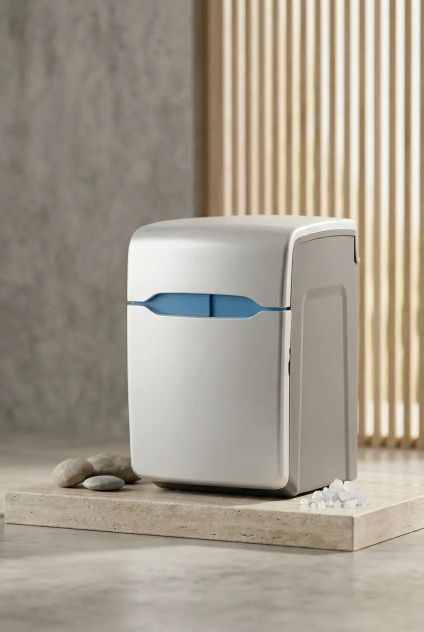 Fotografia em estúdio de um descalcificador de água Premier Plus Premier, cinzento e branco, com detalhe azul. O equipamento está em cima de uma base de mármore com pedras e sal.