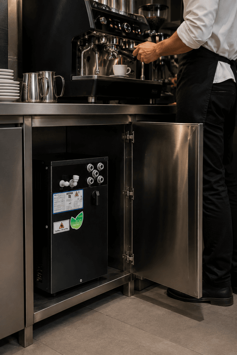 Sistema de água GAMA UNDER 80 instalado sob bancada de café profissional, em utilização