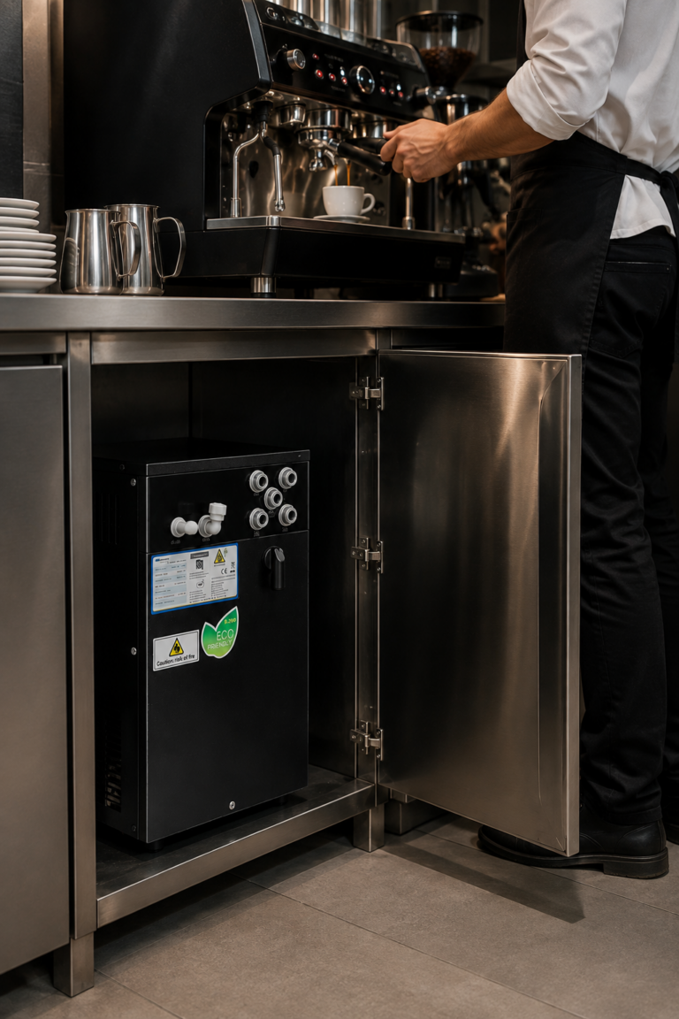 Sistema de água GAMA UNDER 80 instalado sob bancada de café profissional, em utilização