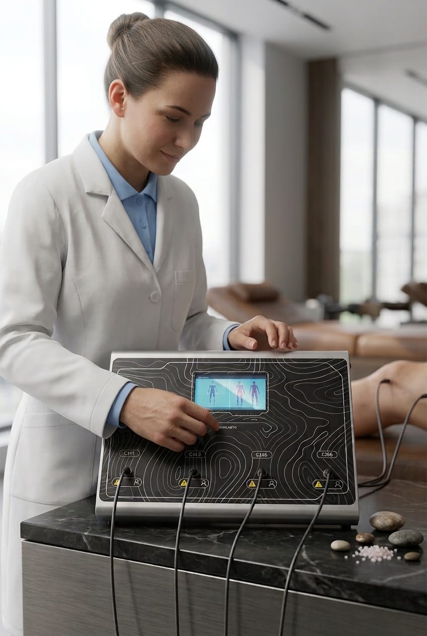 Profissional de saúde de jaleco branco a ajustar as configurações no ecrã do equipamento Magnetoterapia Professional durante um tratamento numa clínica de fisioterapia moderna.