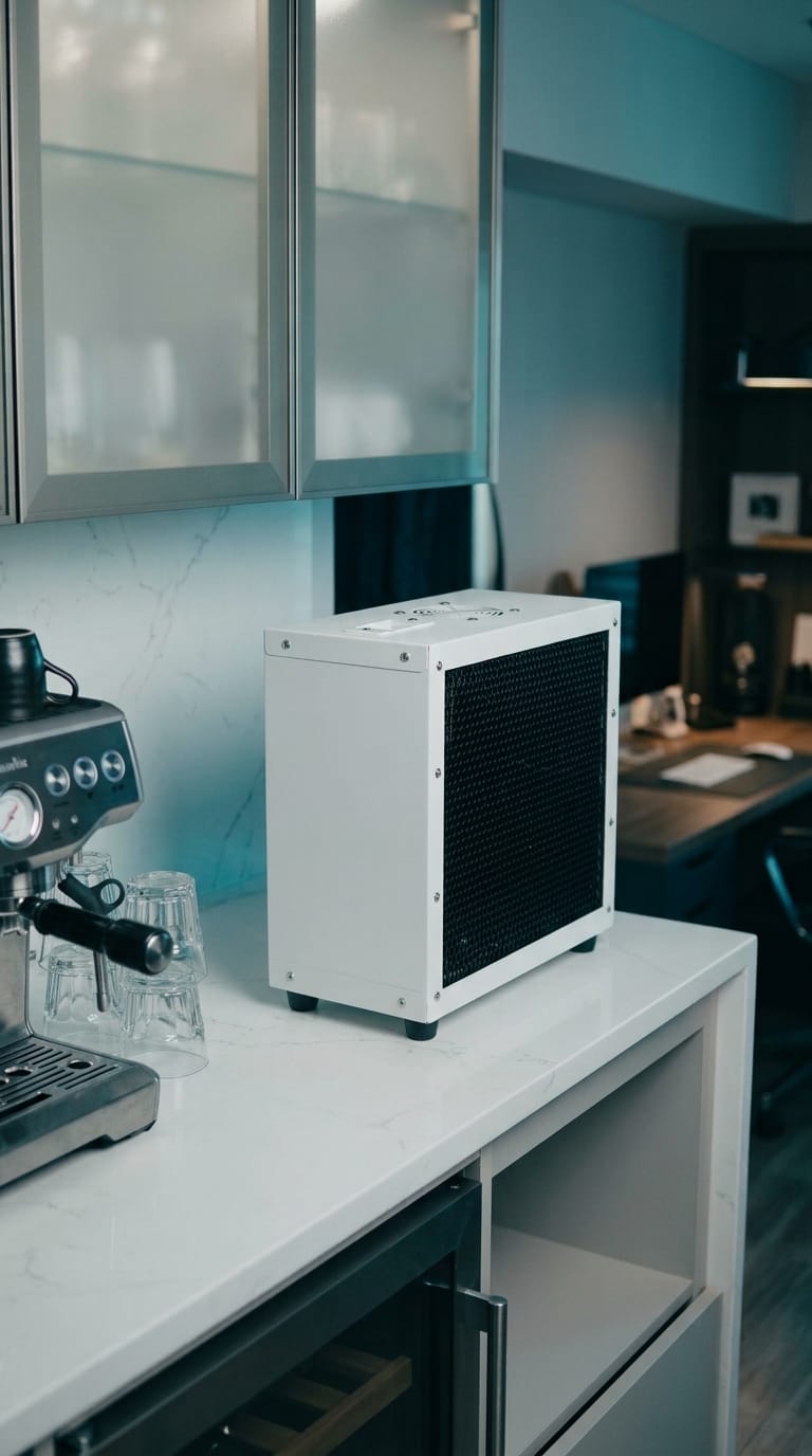 Refrigerador Analógico Ice Home branco, instalado sobre uma bancada de cozinha junto a uma máquina de café