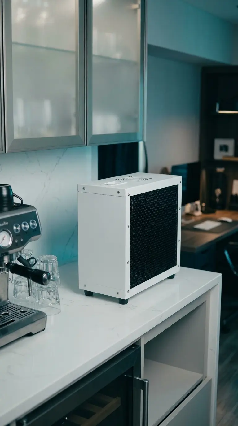 Refrigerador Analógico Ice Home branco, instalado sobre uma bancada de cozinha junto a uma máquina de café