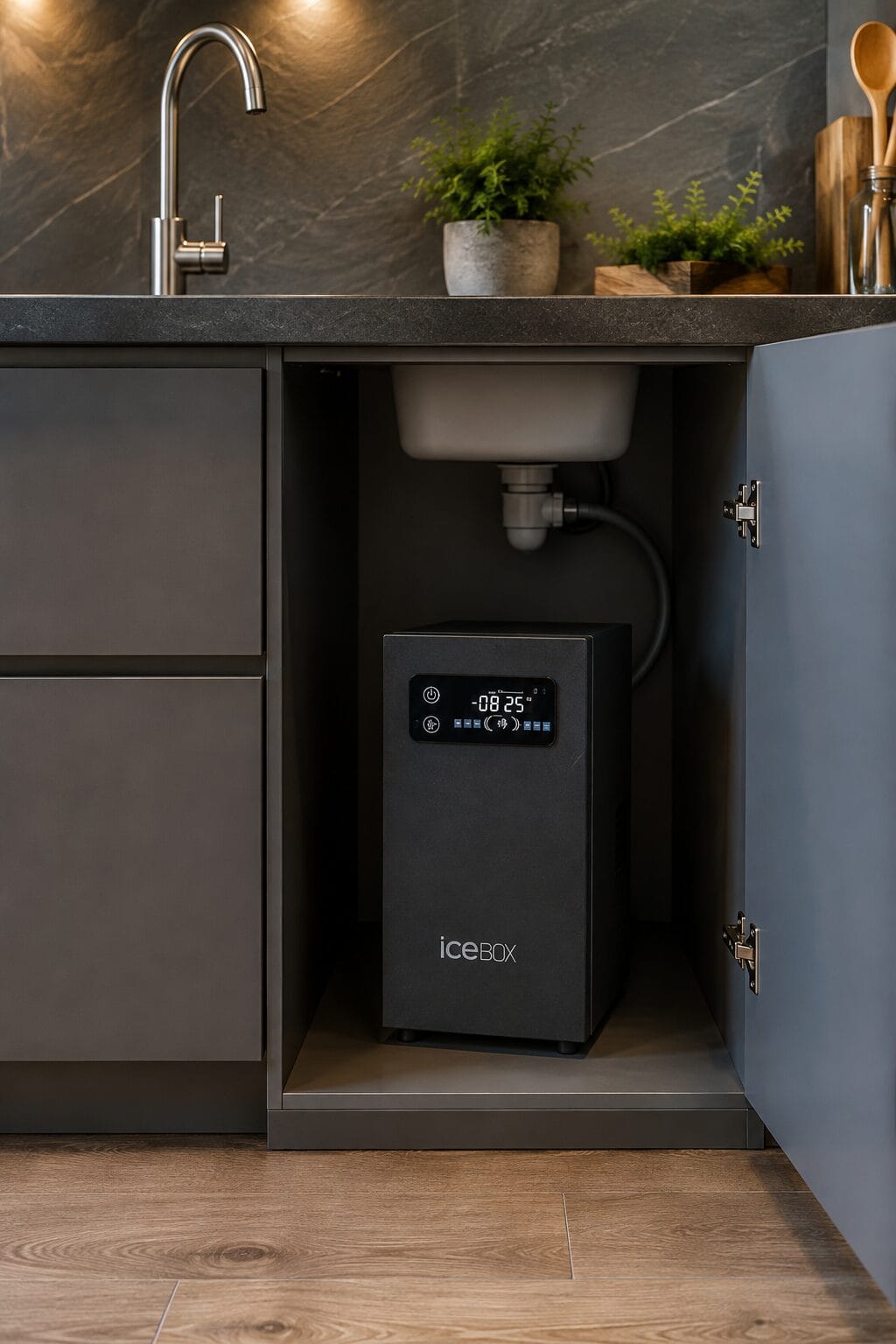 Refrigerador Digital IceBox instalado sob o lava-loiça numa cozinha moderna, pronto para fornecer até 5 litros de água gelada por hora.