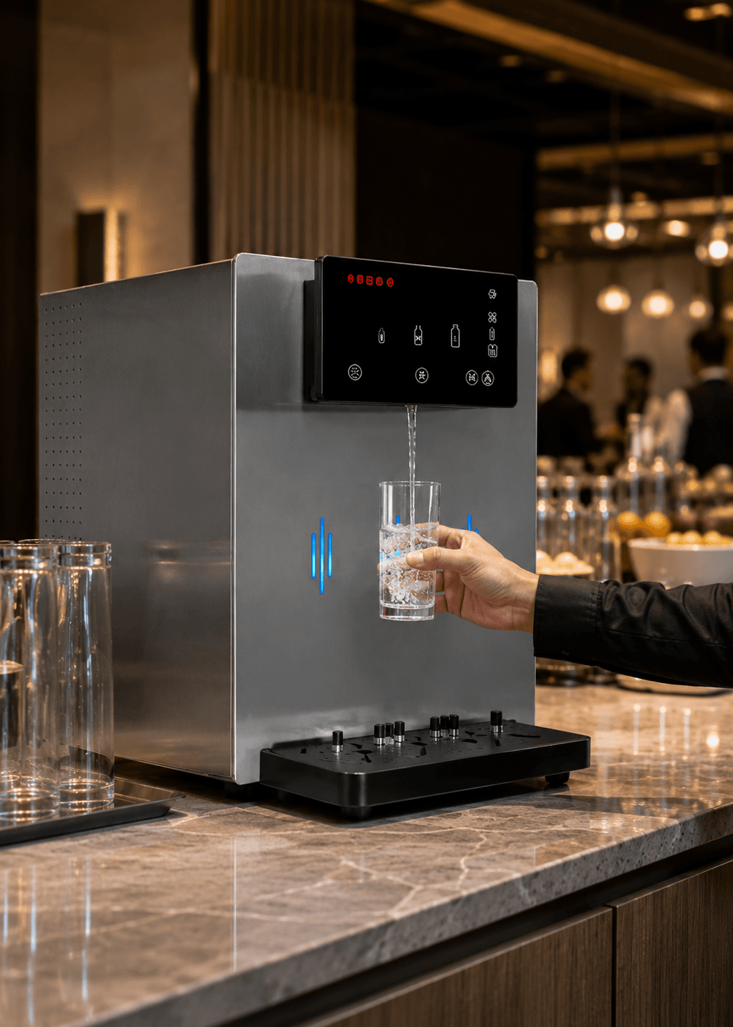 Equipamento SILVER 120 em aço inoxidável a servir água num copo, através do dispensador localizado sob o painel de controlo, num ambiente sofisticado de restauração.
