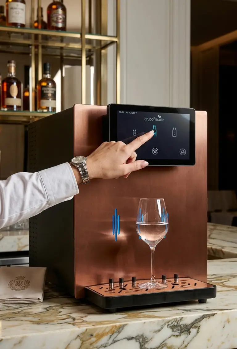 Utilizadora com relógio metálico a selecionar opções no ecrã tátil do dispensador de água Silver-80 com acabamento em cobre, com uma taça de vinho na base.