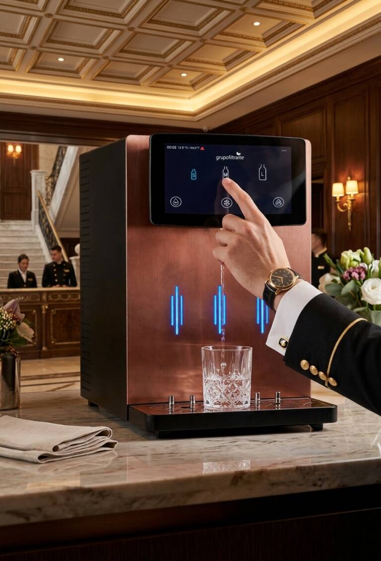 Funcionário de hotel com uniforme formal a utilizar o ecrã tátil digital do dispensador de água Copper 80 para encher um copo de cristal num lobby de luxo.