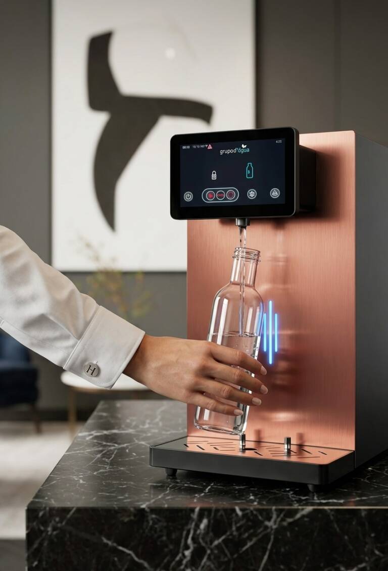 Utilizadora a encher uma garrafa de vidro transparente no dispensador de água profissional Copper 40, sobre uma bancada em mármore escuro num ambiente sofisticado.