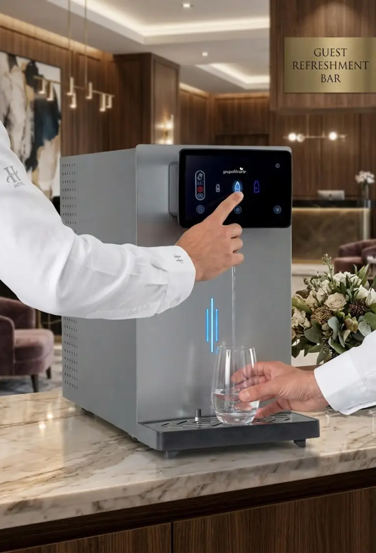 Close-up do dispensador de água Silver 40, com um homem em camisa branca a selecionar opções no ecrã tátil enquanto outro segura um copo que está a ser enchido num hotel de luxo.