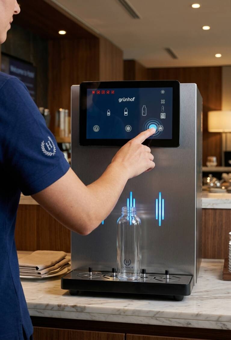 Utilizadora a selecionar as opções no ecrã tátil digital do dispensador de água Silver - 80, enquanto uma garrafa de vidro personaliza o enchimento na base.
