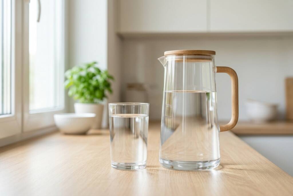 Glass and jug of filtered water for daily hydration on a wooden kitchen worktop