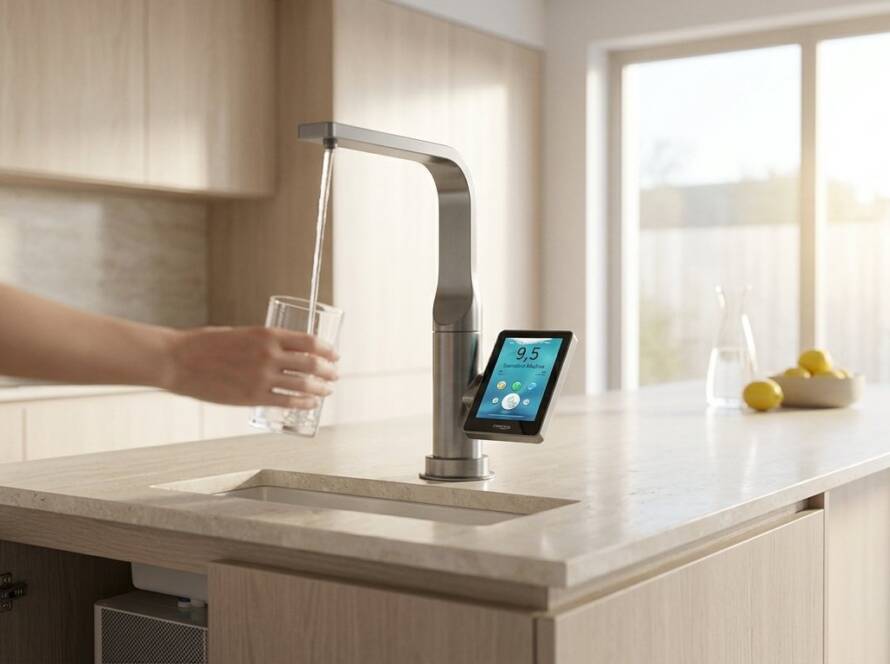 Persona llenando un vaso en un grifo de cocina con pantalla táctil que indica pH 9,5, conectado a un sistema de agua ionizada instalado bajo la encimera