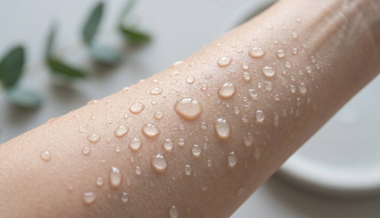 Gotas de agua sobre la piel de un brazo.