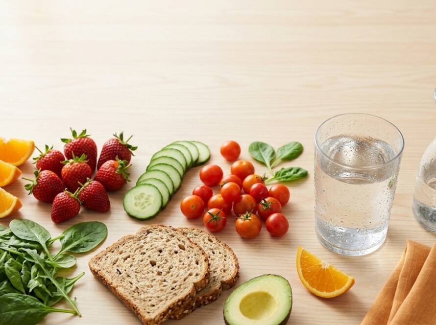 Fruits, légumes, pain complet, un verre et une carafe d'eau sur une table en bois clair