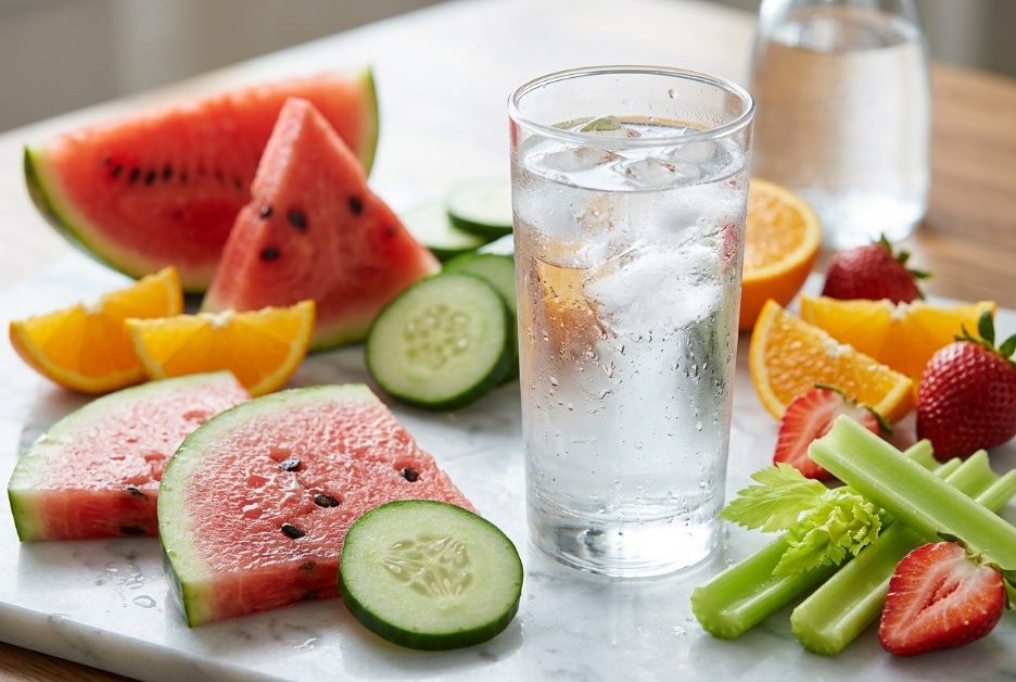 Copo de água com gelo rodeado de melancia, pepino, laranja, morango e aipo