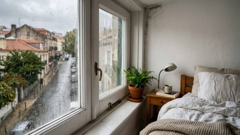 Chambre avec la fenêtre embuée par la pluie et des taches de moisissure dans l'angle du mur, près du lit