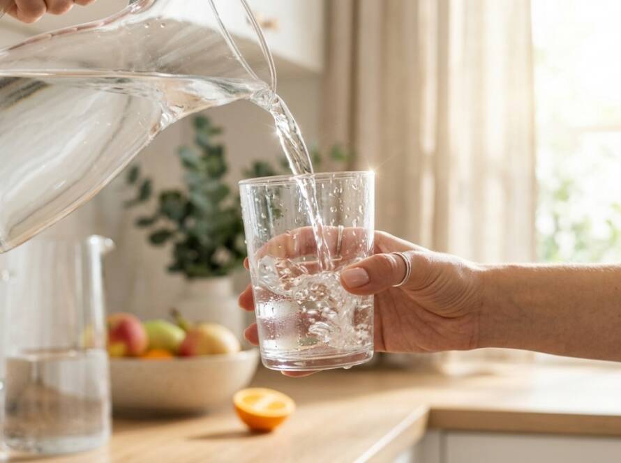 Main remplissant un verre d'eau avec une carafe en verre dans une cuisine lumineuse