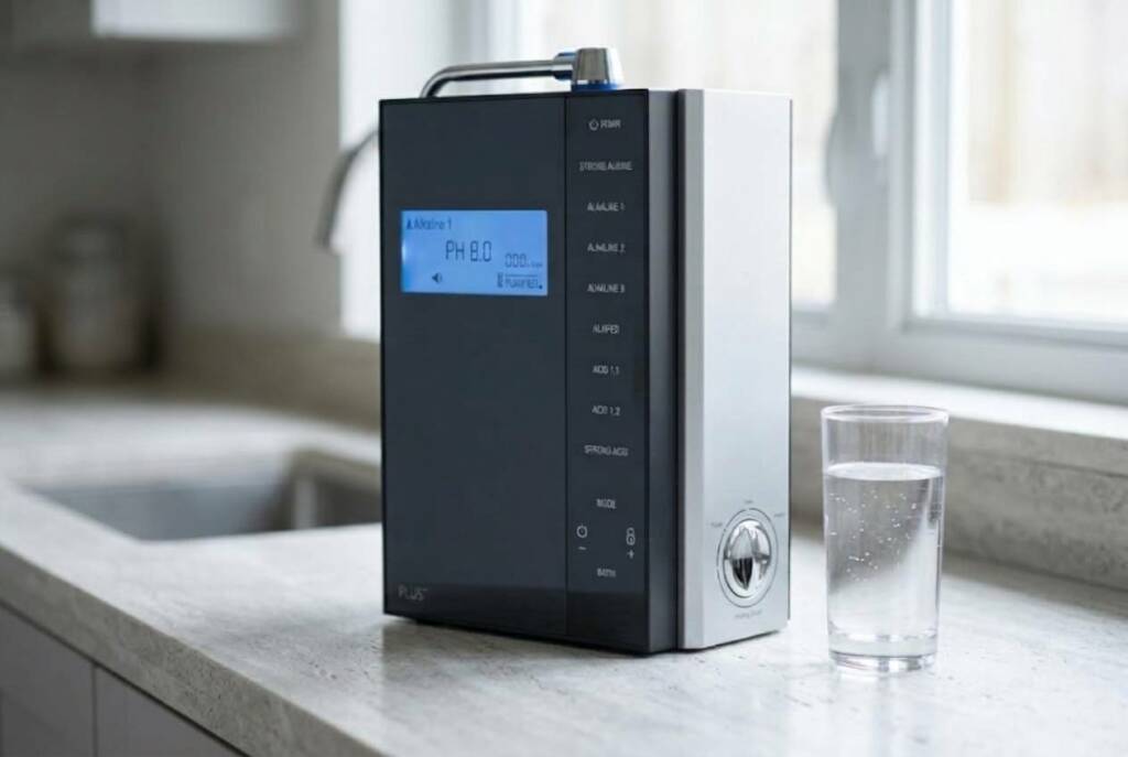 Ionizador de água Chanson Miracle Max Plus numa bancada de cozinha, com o ecrã a indicar pH 8,0, ao lado de um copo de água