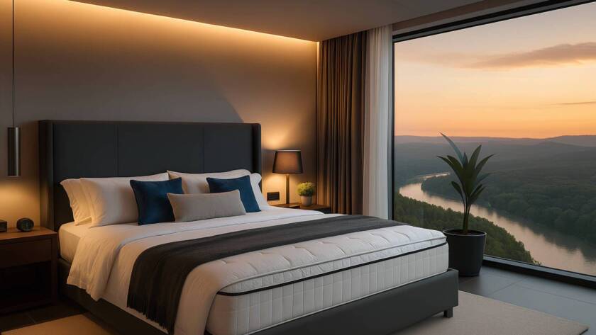 Quarto acolhedor ao anoitecer, com cama, luz quente e grande janela, um ambiente pensado para proteger o sono na passagem para a hora de inverno