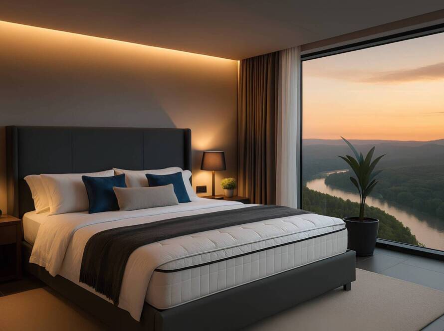 Dormitorio acogedor al anochecer, con cama, luz cálida y un gran ventanal, un ambiente pensado para proteger el sueño en el paso al horario de invierno