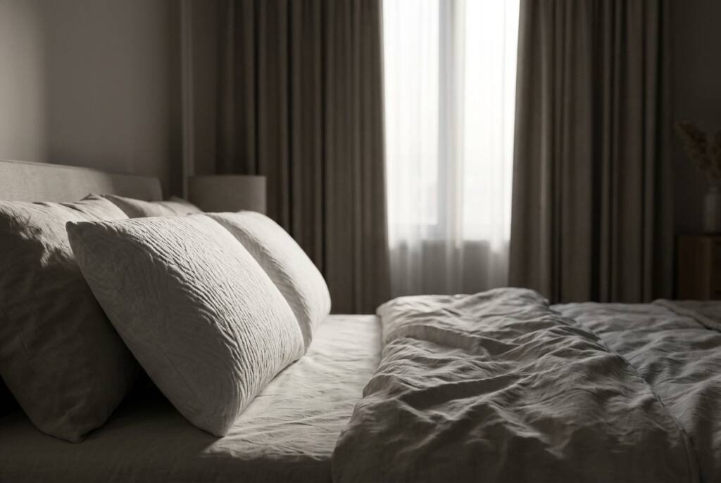 Almofadas e roupa de cama num quarto em penumbra com cortinas grossas, que limitam a claridade da manhã depois da mudança da hora