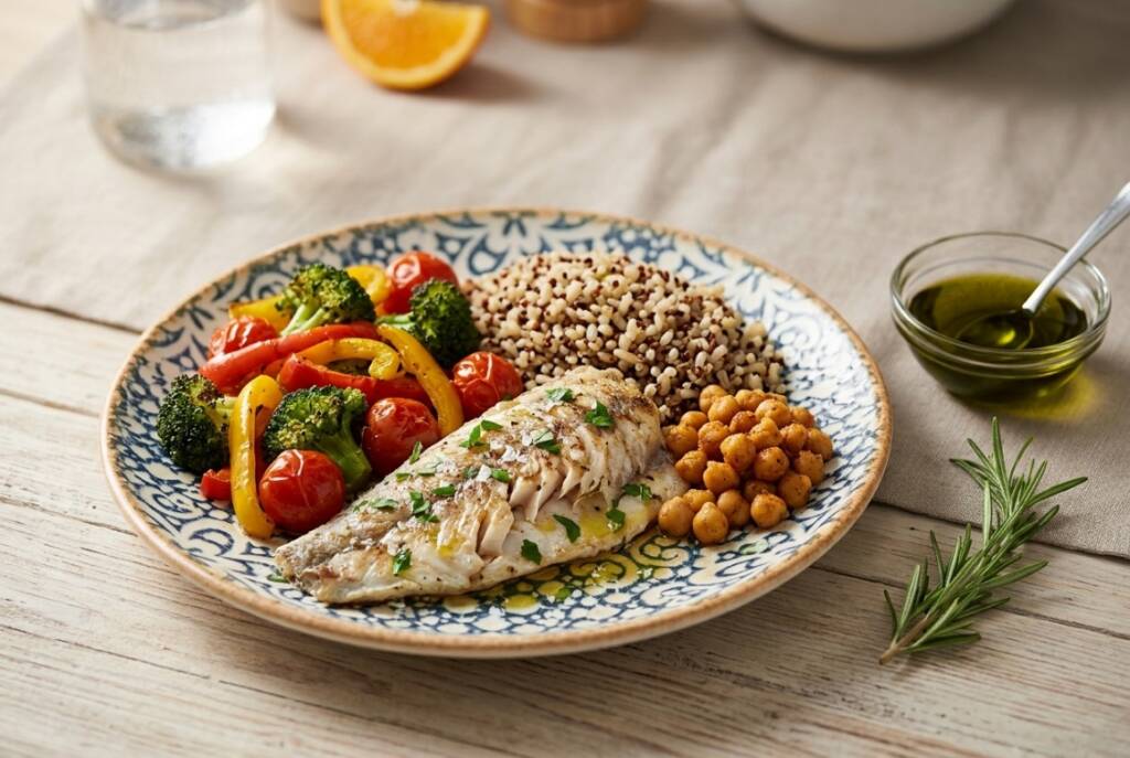 Prato de alimentação saudável com peixe, legumes salteados, quinoa e grão-de-bico, com azeite ao lado