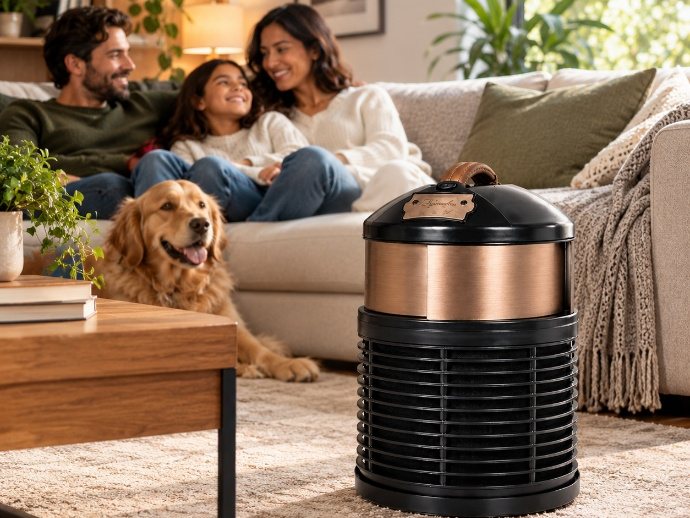 Purificateur d'air FilterQueen Defender sur le tapis d'un salon, avec une famille et un chien sur le canapé
