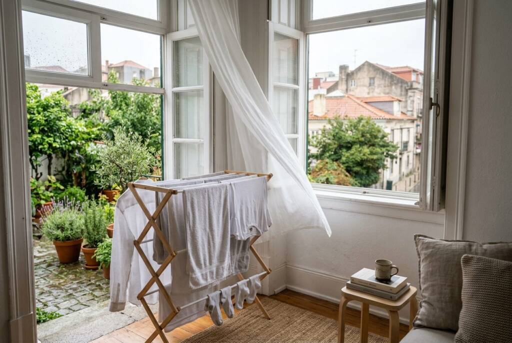 Étendoir avec du linge qui sèche dans un salon, près de fenêtres ouvertes dont le rideau bouge avec l'air