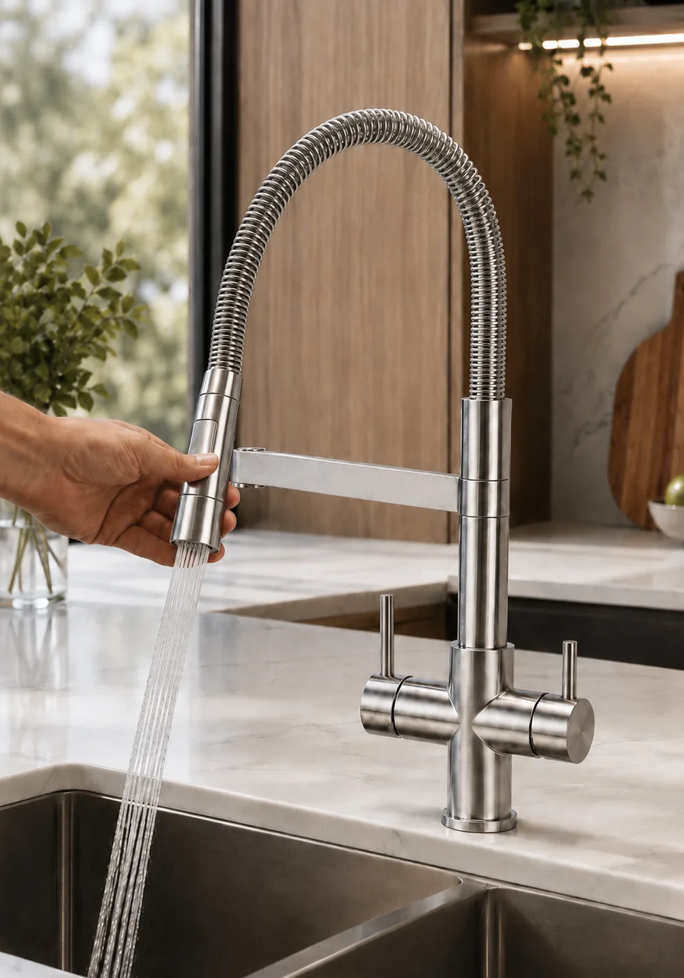 Torneira Monserrate de 3 vias com chuveiro, acabamento inox, instalada numa cozinha moderna