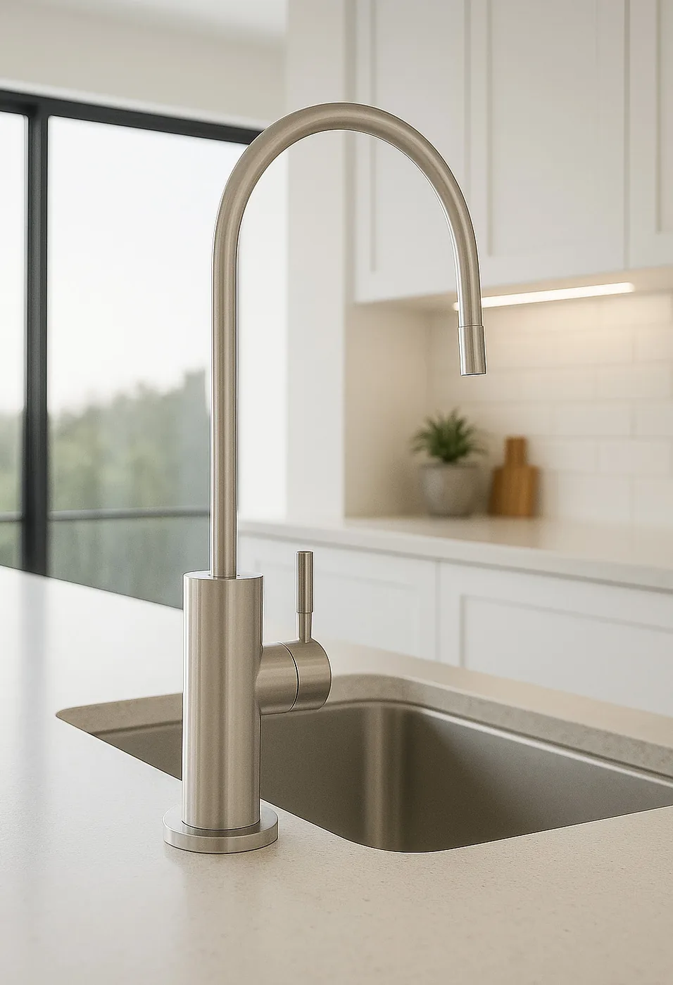 Torneira Sena de 1 via, acabamento inox escovado, instalada numa cozinha moderna