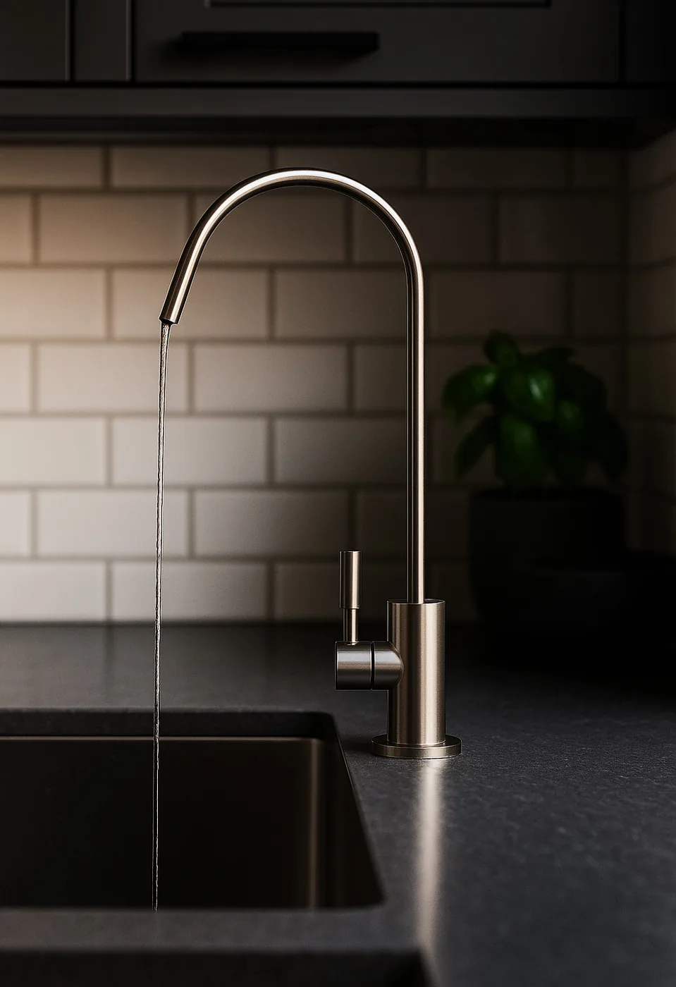 Torneira Tejo de 1 via, acabamento inox, instalada numa cozinha moderna
